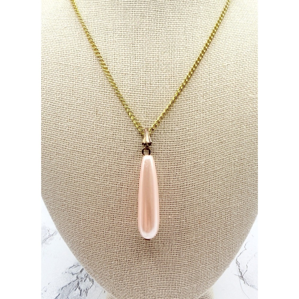 Pale Pink Teardrop Pendant Necklace Gold Tone Chain 18" Minimalist Jewelry